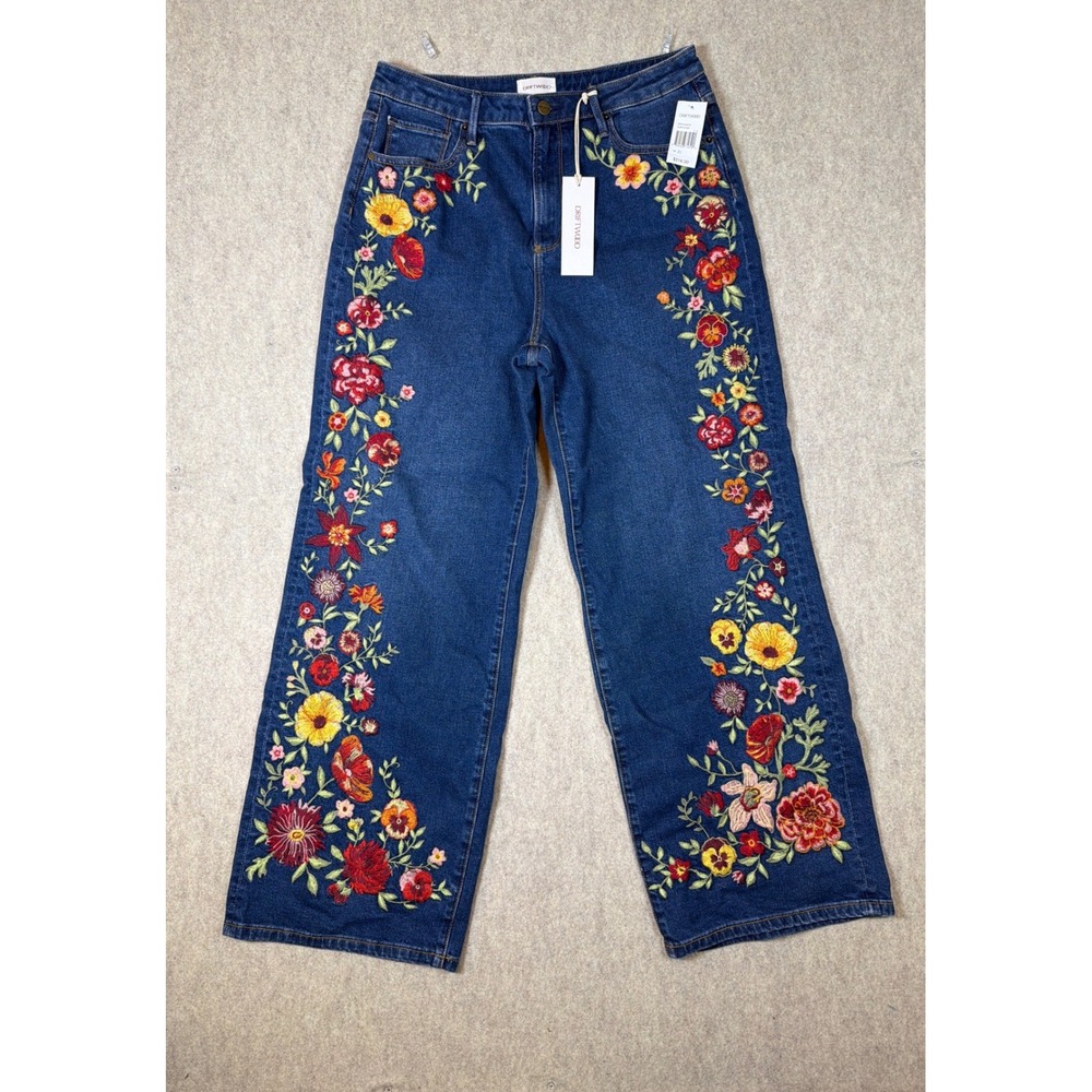 K323. Boho Driftwood Penelope Floral Embroidered Wide Leg Jeans Dark Wash 31